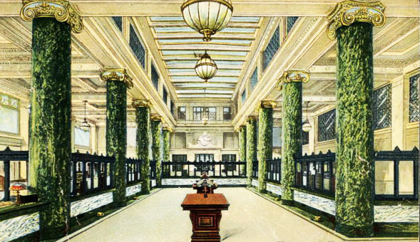 Postcard depiction of the interior of the Old National Bank Building