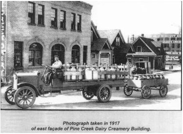 Milk truck in front of the creamery building