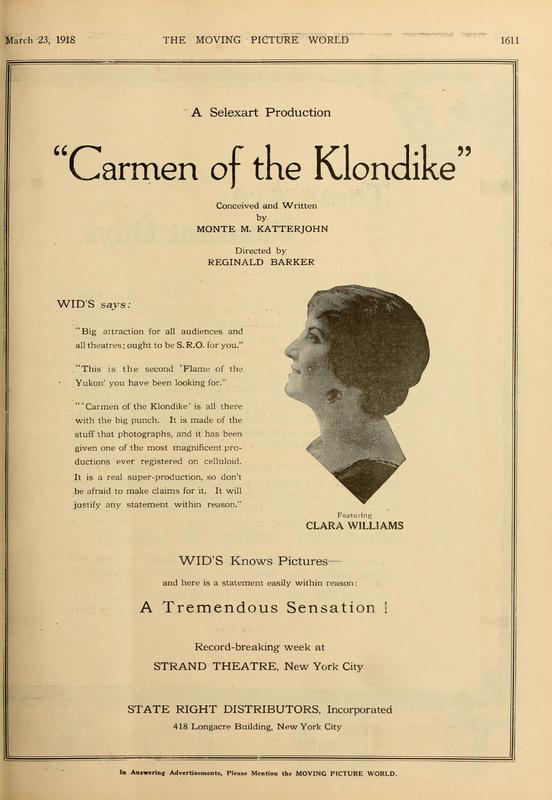 Advertisement for the 1918 film "Carmen of the Klondike."