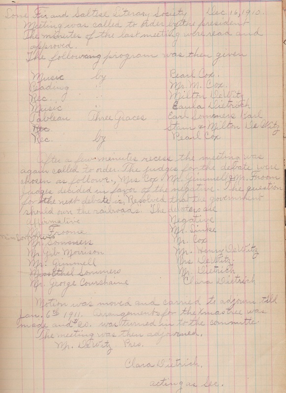 Lone Fir and Saltese Literary Society Minutes, 1910