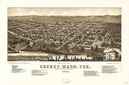 Bird's eye view of Cheney, Wash. Ter., county seat of Spokane County, 1884