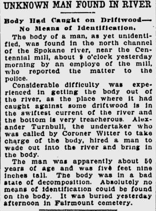 Unknown Man Found in River
Buried at Fairmount