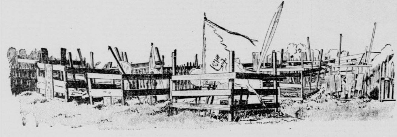 A pen-and-ink sketch of a Chinese cemetery depicting each grave as surrounded by low wooden fences. Several graves have flags, drums, tablets, or other Chinese funerary items.
