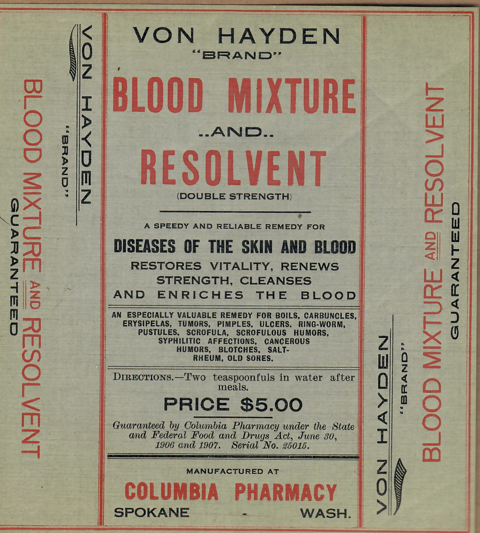 A brown label with red and black text for Von Hayden Brand Blood Mixture and Resolvent, costing $5 and manufactured at Columbia Pharmacy.